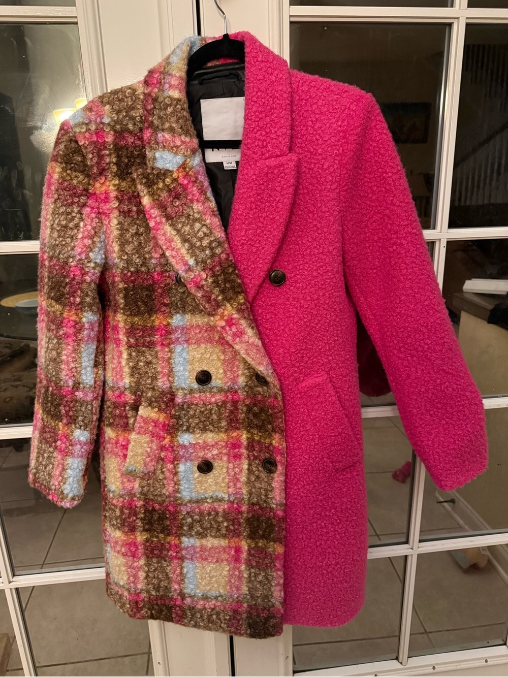 NVLT Pink Bouclé and Plaid Reversible Pea Coat